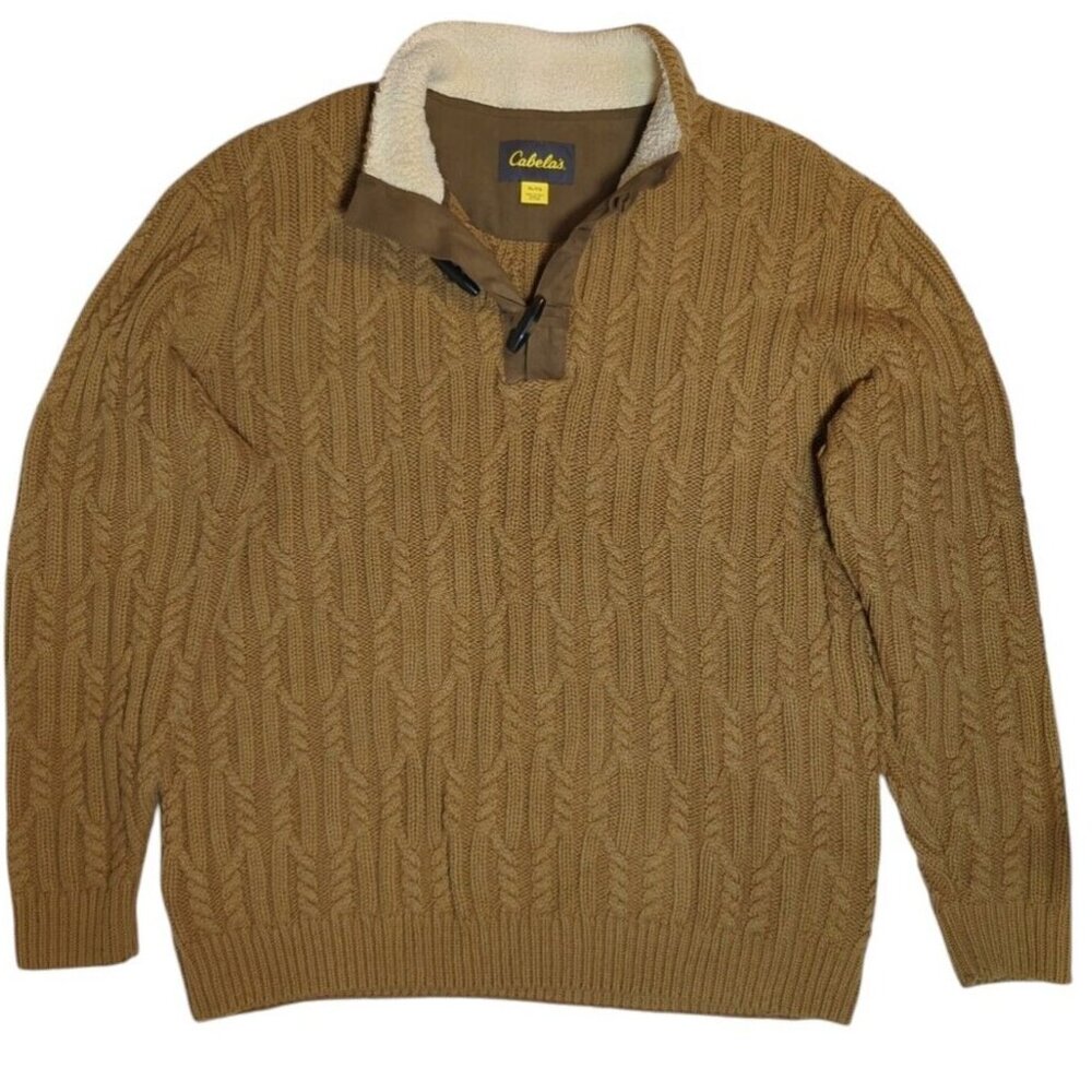 Cabela's Mens‎ XL Cable Fisherman Knit Sweater Toggle Buttons Elbow Patchs Heavy
